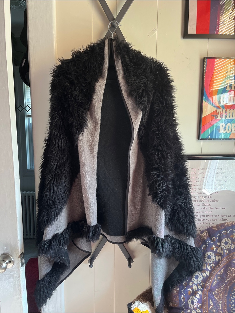 Black Faux Fur Trim Shawl Wrap - Cozy Layer
